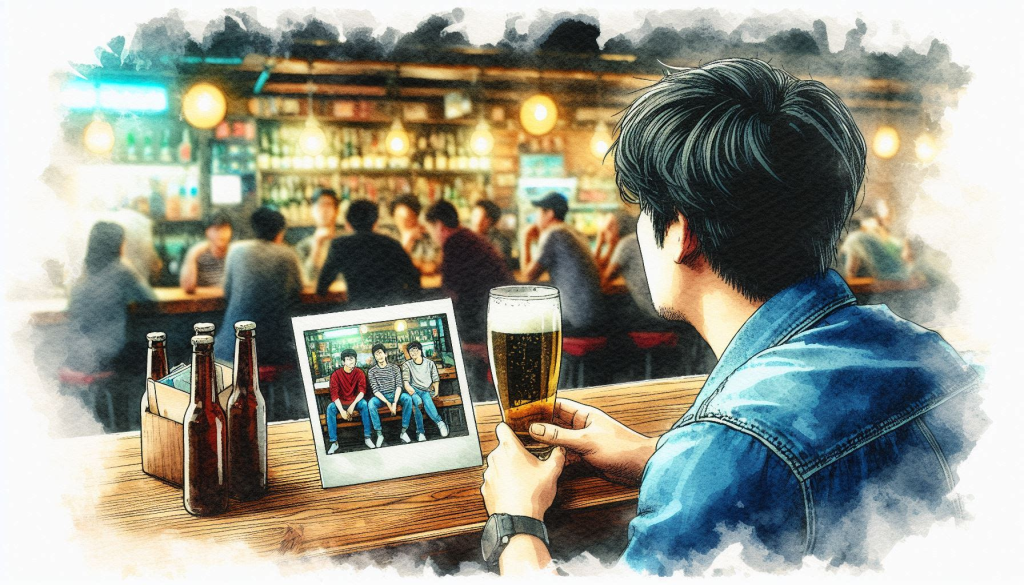 mage of a person looking at a faded polaroid of a group of friends, sitting in a busy pub with a beer in his hand - alone. It’s a scene that might stir a sense of nostalgia or reflection.