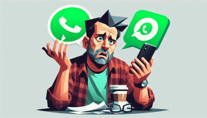 A confused millennial dad sits at a table, holding a smartphone and looking bewildered by the WhatsApp messages on his screen. He wears a red flannel shirt, a teal t-shirt, and has a cup of coffee and a pair of glasses on the table in front of him. Large WhatsApp icons float beside his head, symbolizing his struggle to understand the digital communication from his child.